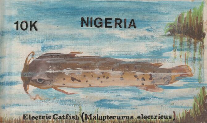 Nigeria 1991 Fishes - original hand-painted artwork for 10k value (Catfish) by Remi Adeyemi similar to issued stamp on card 8.5 x 5, stamps on fish     marine-life