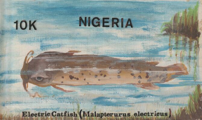 Nigeria 1991 Fishes - original hand-painted artwork for 10k value (Catfish) by Remi Adeyemi similar to issued stamp on card 8.5 x 5, stamps on , stamps on  stamps on fish     marine-life