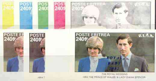 Eritrea 1982 Royal Baby opt on Royal Wedding deluxe sheet (240 value) the set of 9 imperf progressive colour proofs comprising the four individual colours plus various composites incl completed design, stamps on , stamps on  stamps on charles, stamps on  stamps on diana, stamps on  stamps on royalty, stamps on  stamps on william