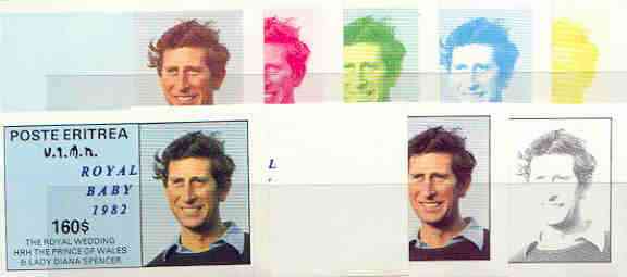 Eritrea 1982 Royal Baby opt on Royal Wedding souvenir sheet (160 value) the set of 9 imperf progressive colour proofs comprising the four individual colours plus various composites incl completed design, stamps on , stamps on  stamps on charles, stamps on  stamps on royalty, stamps on  stamps on william