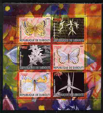 Djibouti 2007 Butterflies & Orchids #5 perf sheetlet containing 6 values unmounted mint. Note this item is privately produced and is offered purely on its thematic appeal, stamps on , stamps on  stamps on butterflies, stamps on  stamps on flowers, stamps on  stamps on orchids