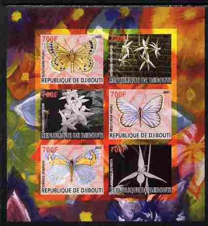 Djibouti 2007 Butterflies & Orchids #5 imperf sheetlet containing 6 values unmounted mint. Note this item is privately produced and is offered purely on its thematic appeal, stamps on , stamps on  stamps on butterflies, stamps on  stamps on flowers, stamps on  stamps on orchids