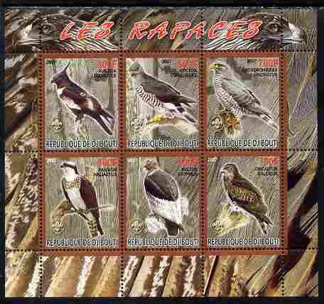 Djibouti 2007 Birds of Prey with Scout Logos perf sheetlet containing 6 values unmounted mint. Note this item is privately produced and is offered purely on its thematic ..., stamps on birds, stamps on birds of prey, stamps on owls, stamps on scouts