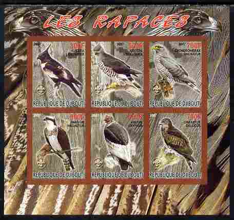 Djibouti 2007 Birds of Prey with Scout Logos imperf sheetlet containing 6 values unmounted mint. Note this item is privately produced and is offered purely on its themati..., stamps on birds, stamps on birds of prey, stamps on owls, stamps on scouts