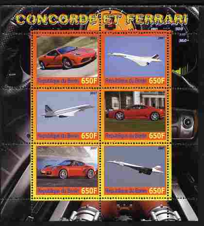 Benin 2007 Concorde & Ferrari #1 perf sheetlet containing 6 values unmounted mint. Note this item is privately produced and is offered purely on its thematic appeal, stamps on , stamps on  stamps on aviation, stamps on  stamps on concorde, stamps on  stamps on cars, stamps on  stamps on ferrari