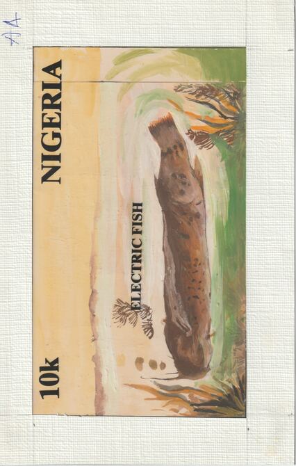 Nigeria 1991 Fishes - original hand-painted artwork for 10k value (Catfish) by unknown artist on card 8.5 x 5 endorsed A4, stamps on , stamps on  stamps on fish     marine-life