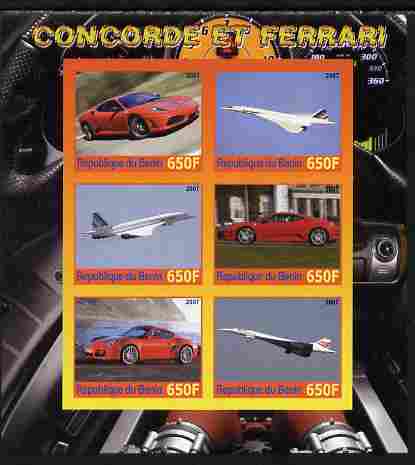 Benin 2007 Concorde & Ferrari #1 imperf sheetlet containing 6 values unmounted mint. Note this item is privately produced and is offered purely on its thematic appeal, stamps on aviation, stamps on concorde, stamps on cars, stamps on ferrari
