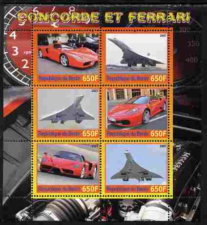 Benin 2007 Concorde & Ferrari #2 perf sheetlet containing 6 values unmounted mint. Note this item is privately produced and is offered purely on its thematic appeal, stamps on aviation, stamps on concorde, stamps on cars, stamps on ferrari