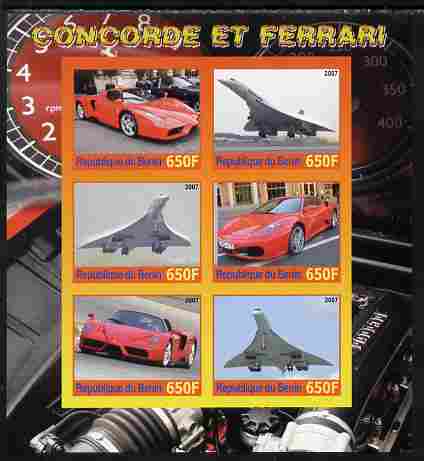 Benin 2007 Concorde & Ferrari #3 imperf sheetlet containing 6 values unmounted mint. Note this item is privately produced and is offered purely on its thematic appeal, stamps on , stamps on  stamps on aviation, stamps on  stamps on concorde, stamps on  stamps on cars, stamps on  stamps on ferrari