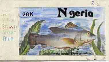 Nigeria 1991 Fishes - original hand-painted artwork for 20k value (Niger Perch) by Remi Adeyemi on card 8.5 x 4.5 endorsed B2, stamps on fish     marine-life