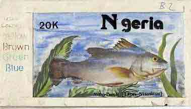 Nigeria 1991 Fishes - original hand-painted artwork for 20k value (Niger Perch) by Remi Adeyemi on card 8.5 x 4.5 endorsed B2, stamps on fish     marine-life