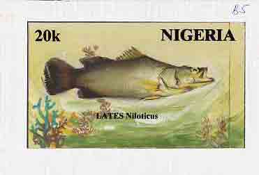Nigeria 1991 Fishes - original hand-painted artwork for 20k value (Niger Perch) by unknown artist on card 8.5 x 5 endorsed B5, stamps on fish     marine-life