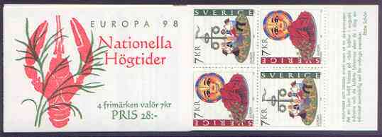 Sweden 1998 Europa - National Festivals 28k booklet complete and pristine, SG SB 520, stamps on , stamps on  stamps on europa, stamps on  stamps on folklore, stamps on  stamps on cultures, stamps on  stamps on dancing, stamps on  stamps on food, stamps on  stamps on marine life, stamps on  stamps on lobsters