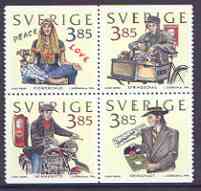 Sweden 1996 Four Decades of Youth perf set of 4 unmounted mint, SG 1887-90, stamps on , stamps on  stamps on youth, stamps on  stamps on bicycles, stamps on  stamps on motorbikes, stamps on  stamps on  oil , stamps on  stamps on music, stamps on  stamps on peace