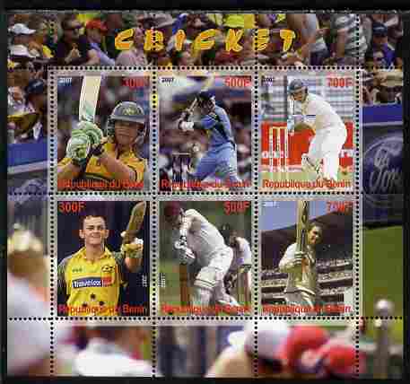 Benin 2007 Cricket perf sheetlet containing 6 values unmounted mint. Note this item is privately produced and is offered purely on its thematic appeal, stamps on , stamps on  stamps on sport, stamps on  stamps on cricket
