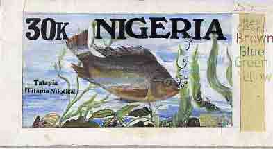 Nigeria 1991 Fishes - original hand-painted artwork for 30k value (Talapia) by Remi Adeyemi on card 8.5 x 4.5 endorsed D2, stamps on fish     marine-life