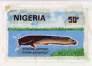Nigeria 1991 Fishes - original hand-painted artwork for 50k value (Catfish) by Nojim A Lasisi similar to issued stamp on card 9 x 6, stamps on fish     marine-life