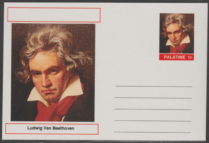 Palatine (Fantasy) Personalities - Ludwig Van Beethoven (Composer) postal stationery card unused and fine, stamps on , stamps on  stamps on personalities, stamps on  stamps on beethoven, stamps on  stamps on opera, stamps on  stamps on music, stamps on  stamps on composers, stamps on  stamps on deaf, stamps on  stamps on disabled, stamps on  stamps on masonry, stamps on  stamps on masonics