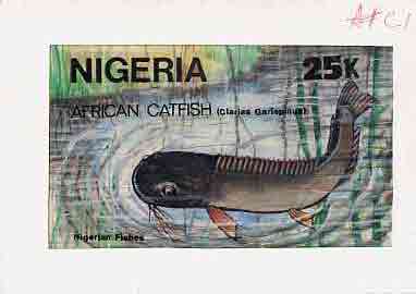 Nigeria 1991 Fishes - original hand-painted artwork for 25k value (Catfish) by Godrick N Osuji on card 8.5 x 5 endorsed C1, stamps on fish     marine-life