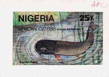 Nigeria 1991 Fishes - original hand-painted artwork for 25k value (Catfish) by Godrick N Osuji on card 8.5 x 5 endorsed C1, stamps on , stamps on  stamps on fish     marine-life