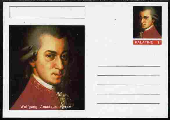 Palatine (Fantasy) Personalities - Wolfgang Amadeus Mozart (Composer) postal stationery card unused and fine, stamps on , stamps on  stamps on personalities, stamps on  stamps on mozart, stamps on  stamps on music, stamps on  stamps on composers, stamps on  stamps on masonics, stamps on  stamps on masonry