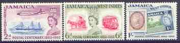 Jamaica 1960 Stamp Centenary perf set of 3 unmounted mint, SG 178-80, stamps on stamp centenary, stamps on stamp on stamp, stamps on aviation, stamps on ships, stamps on trucks, stamps on transport, stamps on stamponstamp
