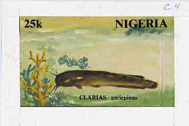 Nigeria 1991 Fishes - original hand-painted artwork for 25k value (Clarias Catfish) by unknown artist on card 8.5 x 5 endorsed C4, stamps on fish     marine-life