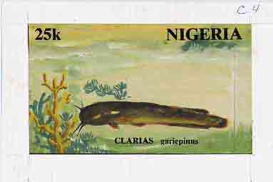 Nigeria 1991 Fishes - original hand-painted artwork for 25k value (Clarias Catfish) by unknown artist on card 8.5 x 5 endorsed C4, stamps on , stamps on  stamps on fish     marine-life