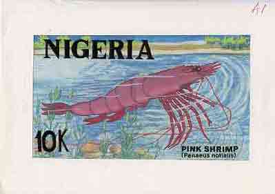 Nigeria 1988 Shrimps - original hand-painted artwork for 10k value (Pink Shrimp) by Godrick N Osuji on card 8.5 x 5 endorsed A1, stamps on food   marine-life