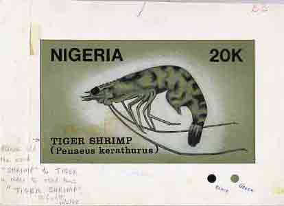 Nigeria 1988 Shrimps - original hand-painted artwork for 20k value (Tiger Shrimp) by NSP&MCo Staff Artist Samuel A M Eluare similar to issued design on card 8.5 x 5 endor..., stamps on food   marine-life