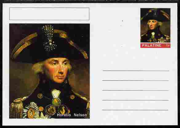 Palatine (Fantasy) Personalities - Horatio Nelson postal stationery card unused and fine, stamps on , stamps on  stamps on personalities, stamps on  stamps on nelson, stamps on  stamps on navy, stamps on  stamps on militaria, stamps on  stamps on ships