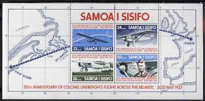 Samoa 1977 50th Anniversary of Lindberghs Flight perf m/sheet unmounted mint, SG MS 487, stamps on aviation, stamps on maps, stamps on masonics, stamps on lindbergh, stamps on masonry