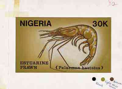 Nigeria 1988 Shrimps - original hand-painted artwork for 30k value (Estuarine Prawn) by NSP&MCo Staff Artist Samuel A M Eluare similar to issued design on card 8.5 x 5 en..., stamps on food   marine-life