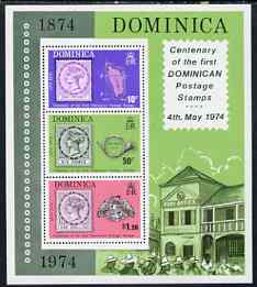 Dominica 1974 Stamp Centenary perf m/sheet unmounted mint, SG MS 421, stamps on , stamps on  stamps on stamp on stamp, stamps on  stamps on stamp centenary, stamps on  stamps on post offices, stamps on  stamps on posthorns, stamps on  stamps on maps, stamps on  stamps on stamponstamp