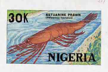 Nigeria 1988 Shrimps - original hand-painted artwork for 30k value (Estuarine Prawn) by Godrick N Osuji on card 8.5 x 5 endorsed D1, stamps on food   marine-life