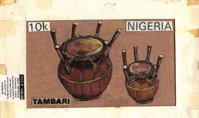 Nigeria 1989 Musical Instruments - original hand-painted artwork for 10k value (Tambari) by S O Nwasike similar to issued stamp on card 8.5 x 5 endorsed A5, stamps on , stamps on  stamps on music, stamps on  stamps on musical instruments