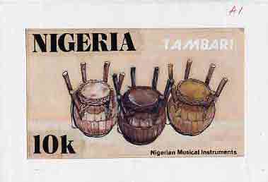 Nigeria 1989 Musical Instruments - original hand-painted artwork for 10k value (Tambari) by Godrick N Osuji on card 8.5 x 5 endorsed A1, stamps on , stamps on  stamps on music, stamps on  stamps on musical instruments