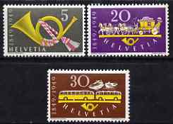 Switzerland 1949 Centenary of Federal Post perf set of 3 unmounted mint, SG 500-502, stamps on , stamps on  stamps on postal, stamps on  stamps on buses, stamps on  stamps on posthorns, stamps on  stamps on horses