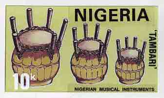 Nigeria 1989 Musical Instruments - original hand-painted artwork for 10k value (Tambari) by unknown artist on board 8.5 x 5 endorsed A2, stamps on music, stamps on musical instruments