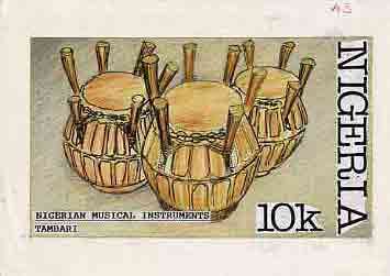 Nigeria 1989 Musical Instruments - original hand-painted artwork for 10k value (Tambari) by Francis Nwaije Isibor on card 8.5 x 5 endorsed A3, stamps on music, stamps on musical instruments