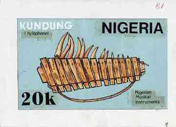 Nigeria 1989 Musical Instruments - original hand-painted artwork for 20k value (Kundung but inscribed Xylophone in error) by unknown artist on card 8.5 x 5 endorsed B1, stamps on music, stamps on musical instruments