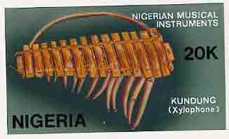 Nigeria 1989 Musical Instruments - original hand-painted artwork for 20k value (Kundung) by NSP&MCo Staff Artist Samuel A M Eluare on card 8.5 x 5 endorsed B5, stamps on music, stamps on musical instruments