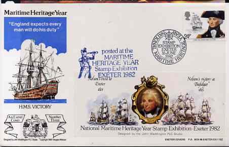 Great Britain 1982 illustrated cover for National Maritime Stamp Exhibition bearing 24p Nelson stamp with special 'Battle of Trafalgar' exhibition label with cachet, stamps on , stamps on  stamps on ships, stamps on  stamps on nelson, stamps on  stamps on battles, stamps on  stamps on stamp exhibitions