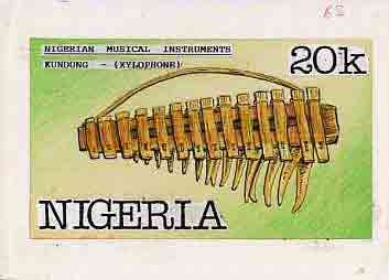 Nigeria 1989 Musical Instruments - original hand-painted artwork for 20k value (Kundung) by Francis Nwaije Isibor on card 8.5 x 5 endorsed B3, stamps on music, stamps on musical instruments