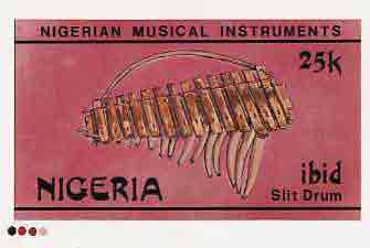 Nigeria 1989 Musical Instruments - original hand-painted artwork for 25k value (Kundung but inscribed Ibid Slit drum in error) by NSP&MCo Staff Artist Hilda T Woods on ca..., stamps on music, stamps on musical instruments