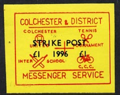 Cinderella - Great Britain 1996 Colchester & District Messenger Service imperf label (red on yellow) showing Football, Tennis, Cricket & Bicycle optd Strike Post Â£1 19..., stamps on postal, stamps on football, stamps on tennis, stamps on cricket, stamps on bicycles, stamps on sport, stamps on strike