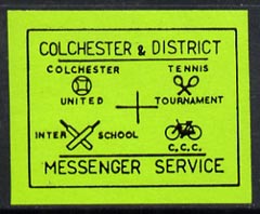 Cinderella - Great Britain 1990 Colchester & District Messenger Service imperf label (black on green) showing Football, Tennis, Cricket & Bicycle unmounted mint, stamps on postal, stamps on football, stamps on tennis, stamps on cricket, stamps on bicycles, stamps on sport