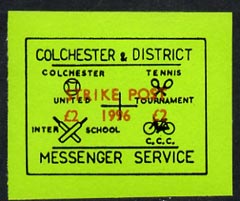 Cinderella - Great Britain 1996 Colchester & District Messenger Service imperf label (black on green) showing Football, Tennis, Cricket & Bicycle opt'd Strike Post Â£2 1996 unmounted mint, stamps on , stamps on  stamps on postal, stamps on  stamps on football, stamps on  stamps on tennis, stamps on  stamps on cricket, stamps on  stamps on bicycles, stamps on  stamps on sport, stamps on  stamps on strike