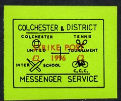 Cinderella - Great Britain 1996 Colchester & District Messenger Service imperf label (black on green) showing Football, Tennis, Cricket & Bicycle optd Strike Post £2 199..., stamps on postal, stamps on football, stamps on tennis, stamps on cricket, stamps on bicycles, stamps on sport, stamps on strike