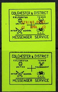 Cinderella - Great Britain 1996 Colchester & District Messenger Service imperf label (black on green) showing Football, Tennis, Cricket & Bicycle optd Strike Post \A32 19..., stamps on postal, stamps on football, stamps on tennis, stamps on cricket, stamps on bicycles, stamps on sport, stamps on strike